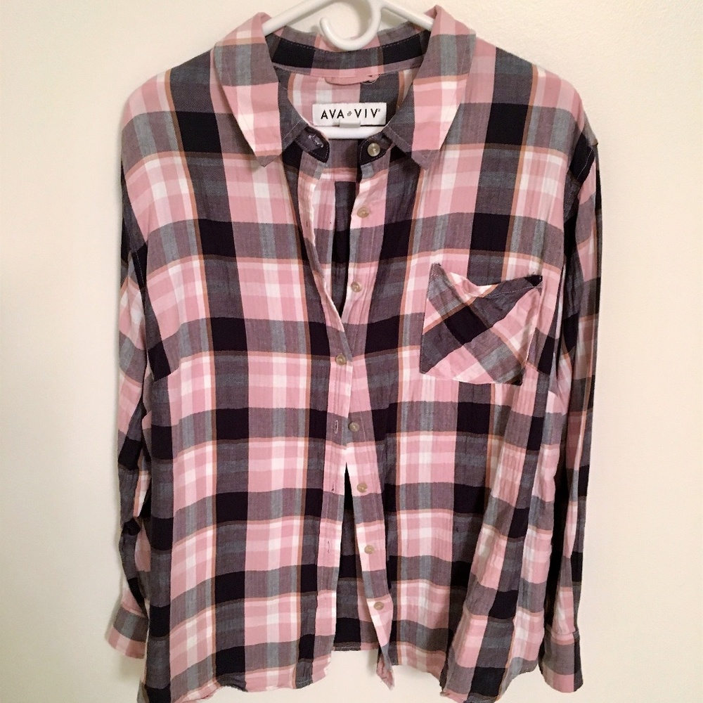 Relaxed Pink, White, & Black Plaid Shirt